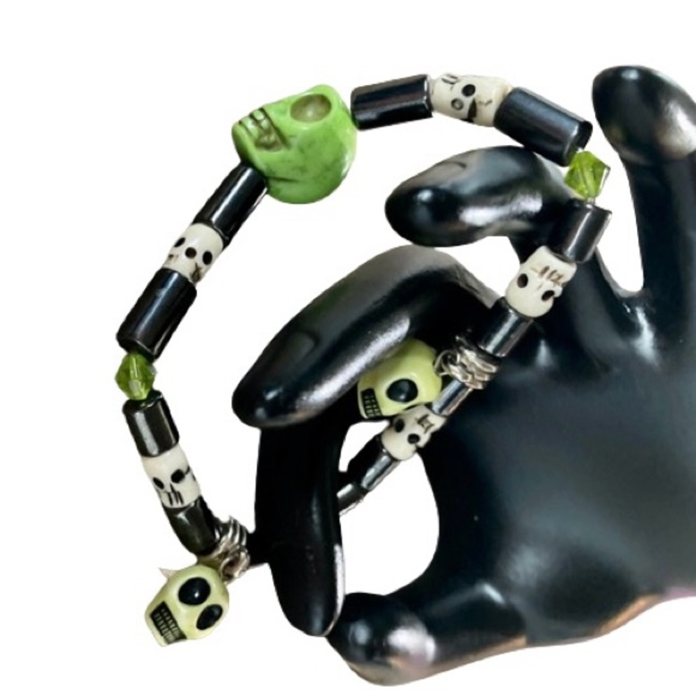 Hand Crafted Green Stone Skull w/Hematite, Crystals White Mini Skulls Bracelet